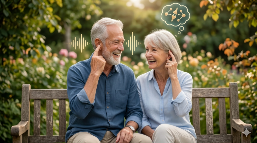Happy senior couple laughing in a garden, symbolizing clear hearing and mental clarity with Audifort.