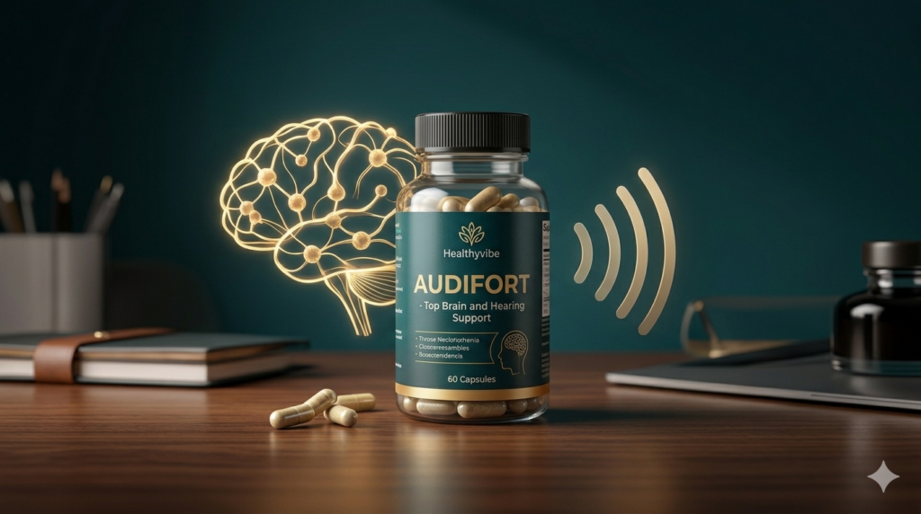 Audifort brain and hearing support supplement bottle on a desk with glowing neural network graphic.