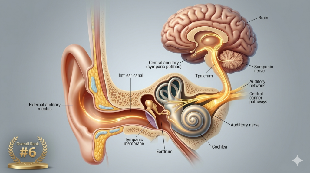Medical illustration of the human ear and brain connection with Audifort rank #6 ClickBank badge.