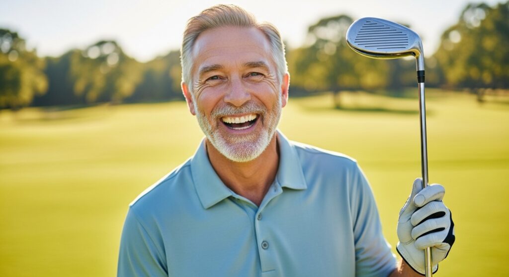 Energetic older man enjoying golf after using an effective natural prostate health supplement.