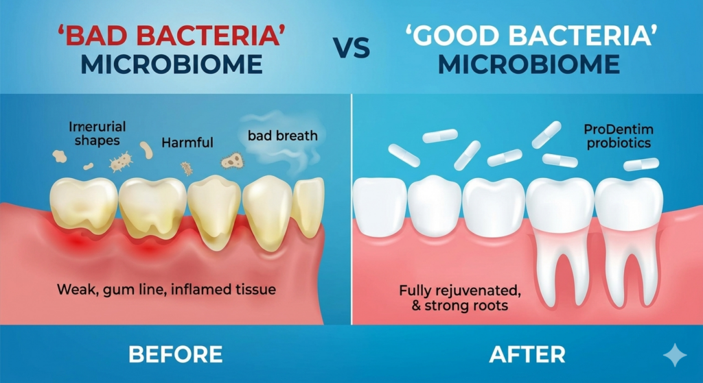 Scientific infographic comparing good vs bad oral microbiome, showing ProDentim probiotics for gum rejuvenation