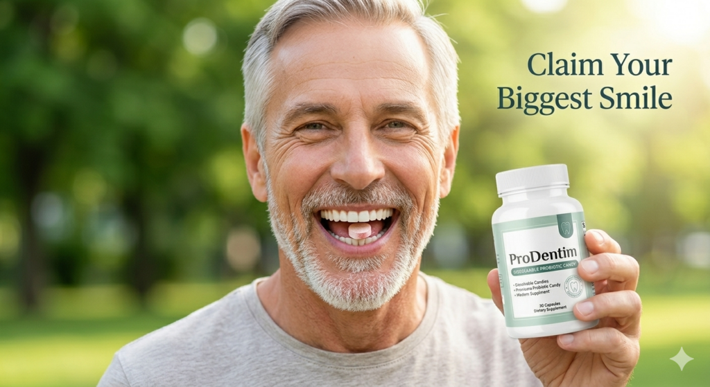 Energized senior man smiling confidently with bright teeth after using ProDentim for dental support after 50