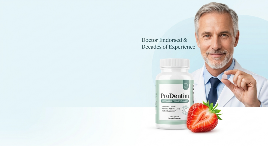 ProDentim bottle with a doctor endorsing the probiotic candy for oral health after 50