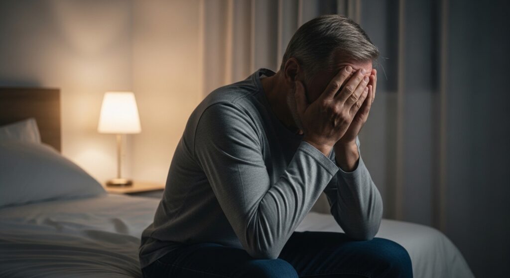 Frustrated man sitting on bed at 3 AM due to prostate issues, looking for a natural prostate health supplement.