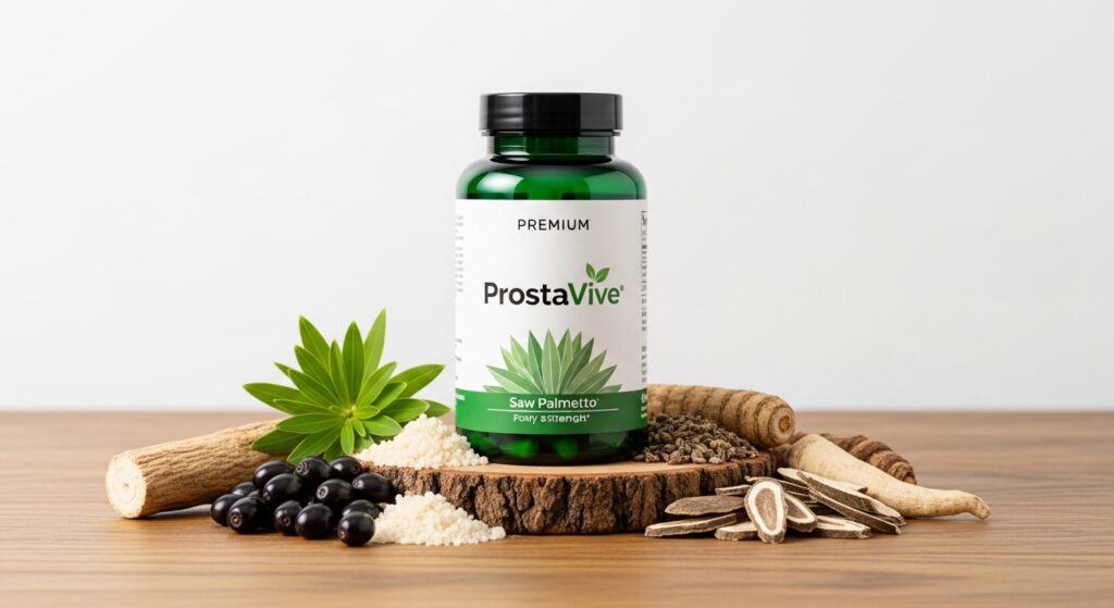 ProstaVive bottle with herbal ingredients, the best natural prostate health supplement for men over 50.