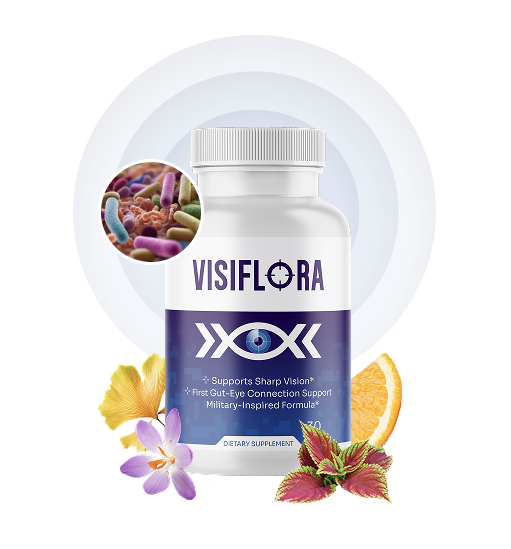 VisiFlora dietary supplement bottle showing the gut-eye connection support and military-inspired formula.