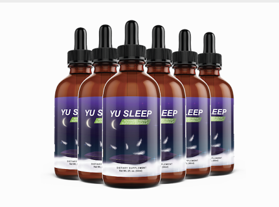 Yu Sleep advanced nerve support formula bottle labeled "DIETARY SUPPLEMENT" standing on a nightstand with a subtle blue glow.
