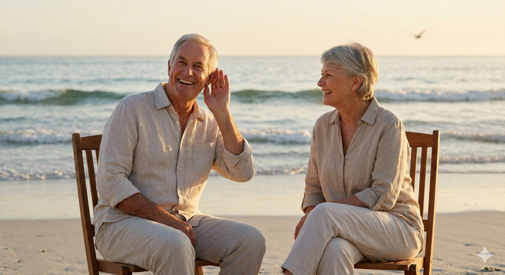 A happy retired couple sitting peacefully on a beach at sunset, enjoying clear hearing and communication inspired by Audifort.