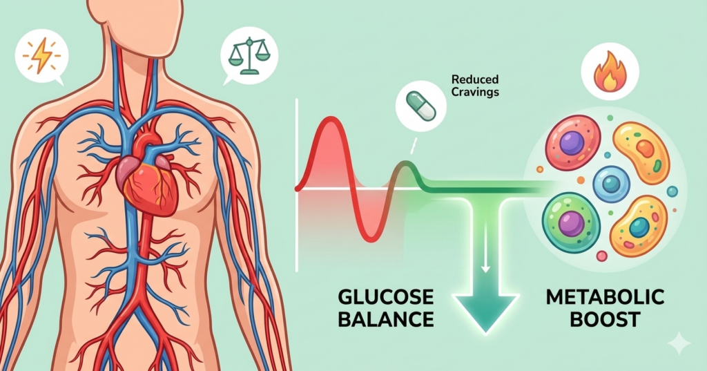 Graphic showing balanced blood sugar levels and metabolic boost