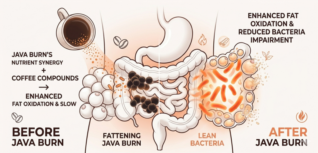 An illustration showing Java Burn promoting lean bacteria and reducing fattening bacteria in the gut.