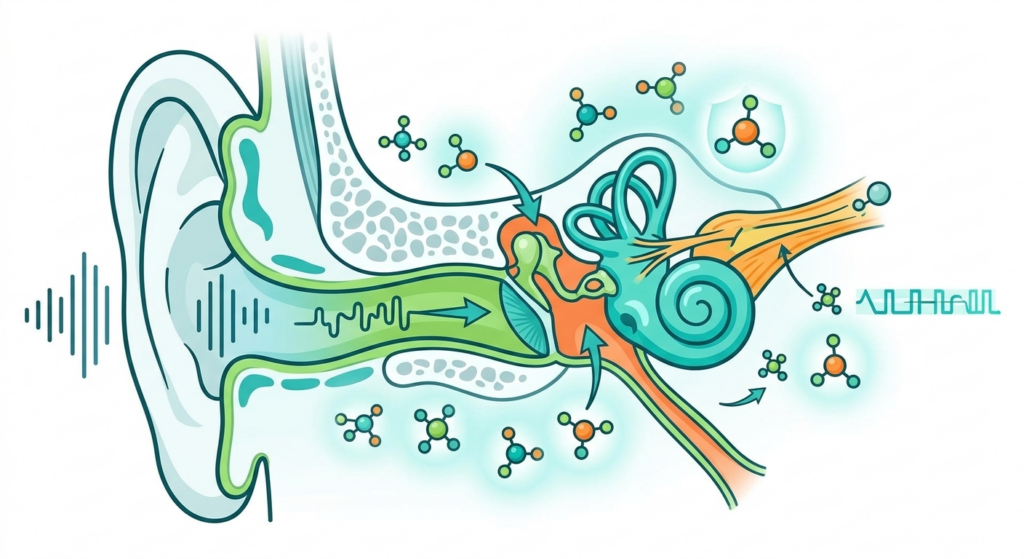 An informative infographic illustration showing abstract natural nutrients and antioxidants supporting healthy human ear structures and auditory nerves for Audifort.