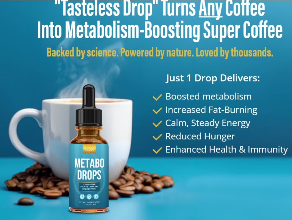 Metabo Drops dietary supplement bottle placed in front of a coffee cup, highlighting its use with morning coffee.