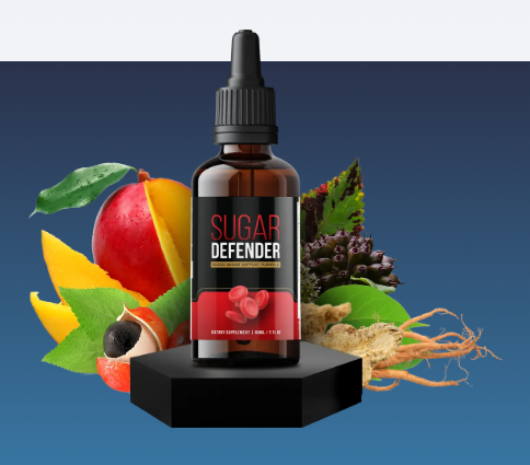 Sugar Defender blood sugar support supplement bottle with natural ingredients.