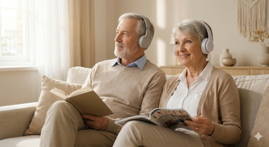 Happy senior man with headphones enjoying mental clarity and focus