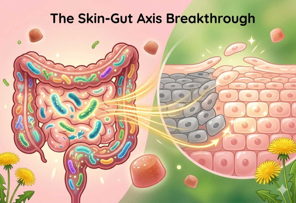Illustration of healthy gut microbiome and glowing skin cells